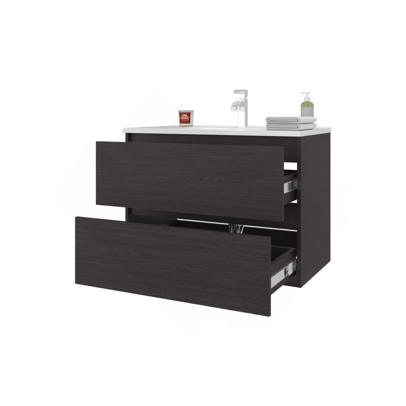 Meuble-lavabo flottant avec deux tiroirs et lavabo Smoot, wengé, Wengé