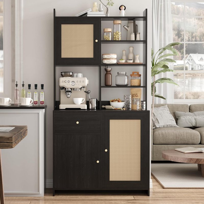 71" Tall Kitchen Pantry Cabinet with Microwave Stand, 3 Adjustable Shelves, Drawer & Rattan Doors, Black, Black