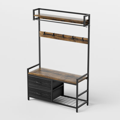 33.1" Wide Hall Tree With 2 Movable Drawers, Shoe Storage, Shelves And Garment Racks, 5In1 Entryway Bench With 23 Hooks (Fixed And Movable)