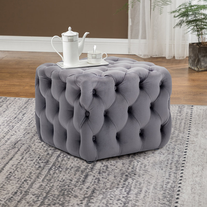 Dion 50cm Wide Velvet Tufted Square Solid Colour Cocktail Ottoman, Grey