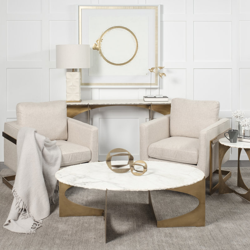 Giles 49" Round White Marble Top Gold Metal Base Coffee Table, White Top/Antique Gold Base