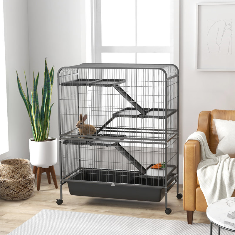 Cage 53,5 po à 5 niveaux pour petits animaux en métal avec roues - gris pour furet et chinchilla