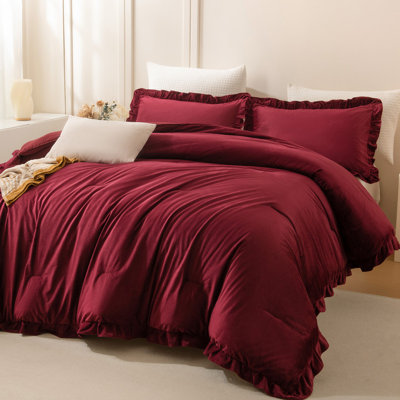 Velvet Comforter Set Queen Size 3 Pieces Soft and Luxury Burgundy Ruffled Comforter Set Aesthetic Winter Warm Bedding Set with Brushed Microfiber Reverse with 1 Comforter 2 Pillow Shams