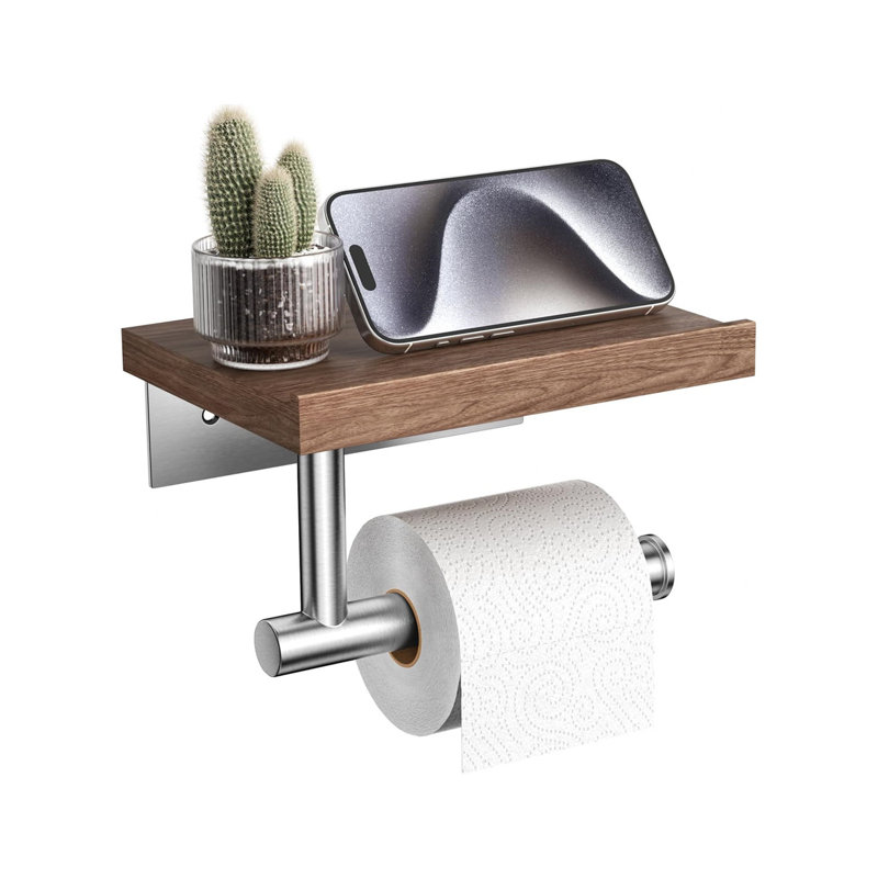 Toilet Paper Holder With Wood Shelf,Wall Mount,Stainless Steel