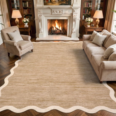 Tapis élégant et classique à bordure camel 120 x 180 cm, lavable et pliable, en velours perlé avec envers antidérapant en TPR, idéal pour le salon, la chambre, la salle à manger, l'entrée et la décoration intérieure.