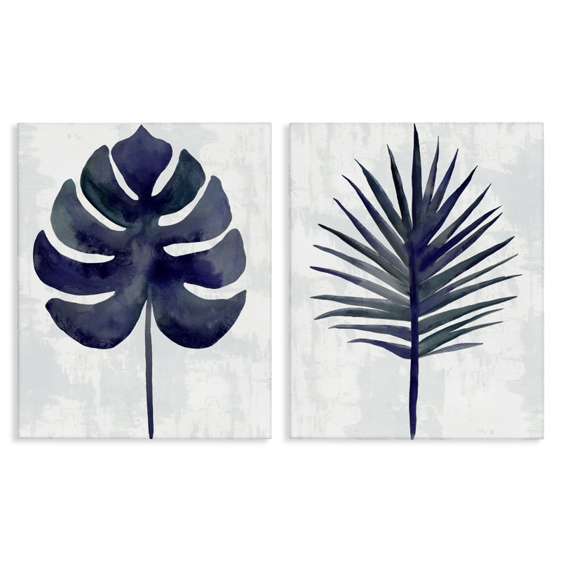 Ensemble de 2 toiles bleu marine Monstera et palmier bleu marine, design par Christie Adams, H 20 po x l 16 po