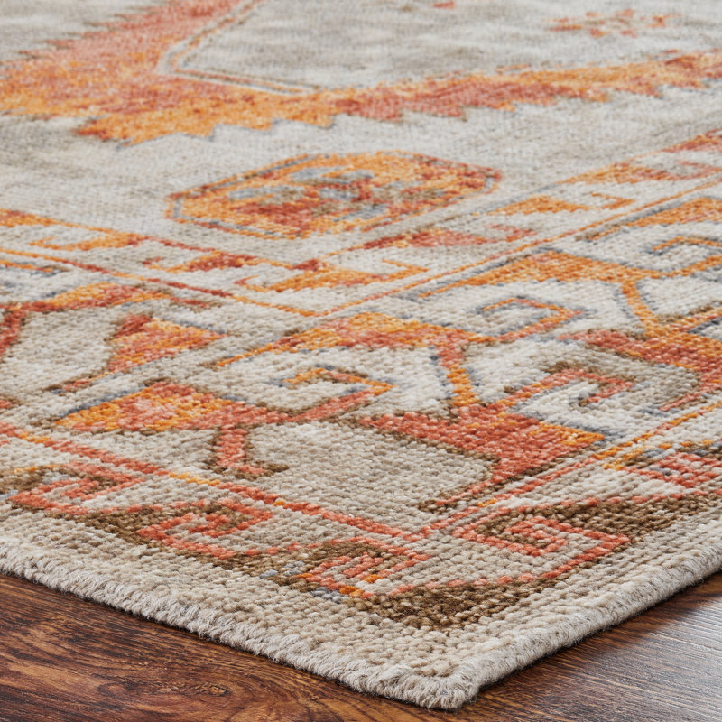 Tribal Elegance Orange/Rust/Grey Hand-Knotted Wool Area Rug, Rectangle 6' x 9', Orange