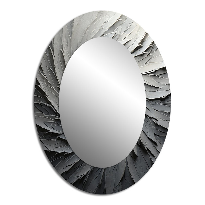 Grey Beige Meditative Movement II - Gray Modern Oval Wall Mirror, 40" x 30"