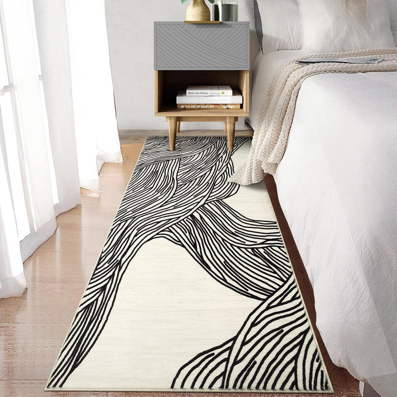 Tapis de couloir moelleux - 350 g / m² en fausse laine d'agneau, lavable à la machine, antidérapant, motif de nage moderne pour le vestibule, cuisine (noir et blanc)