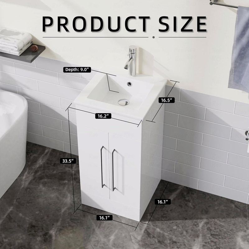 Petit meuble-lavabo simple 16 po, meuble de salle de bain autoportant moderne avec lavabo encastré blanc, armoire de rangement en bois 2 portes