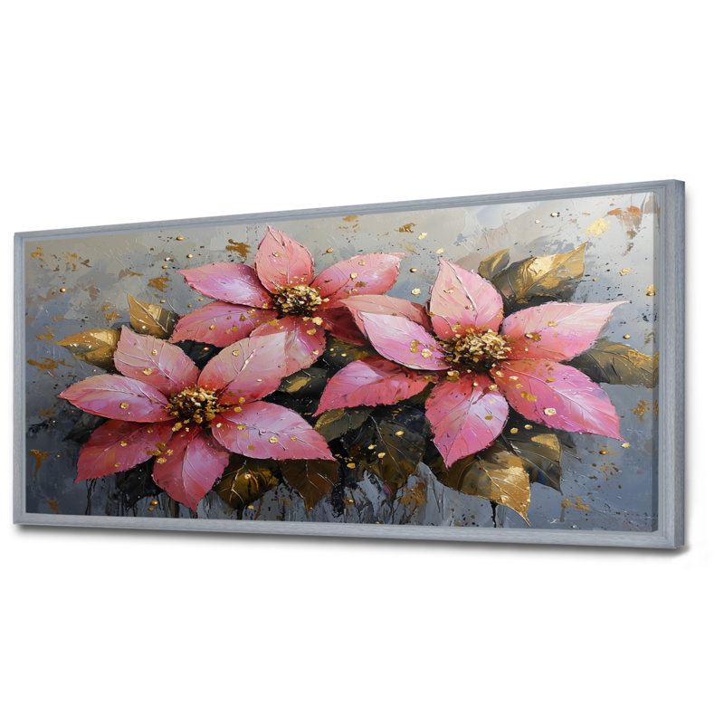Hiver rose couronne de poinsettias - art mural poinsettias, H 28 po x l 60 po, Encadrement argenté
