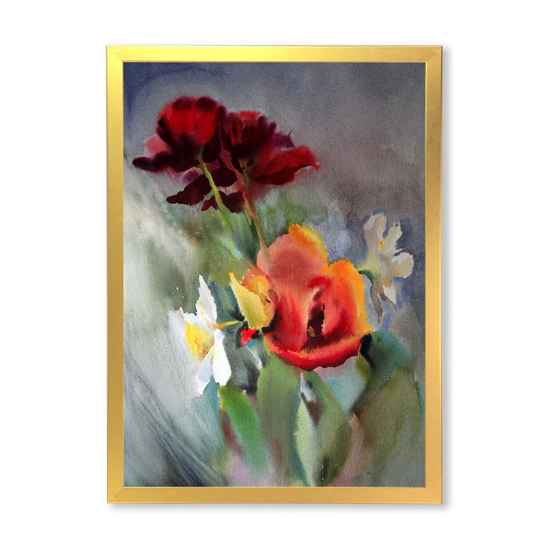 «Blossoming Vibrant Wildflowers», peinture sur toile, H 32 po x l 16 po x P 1,5 po, Toile encadrée d'or