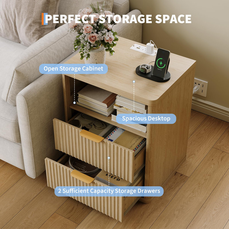 Modern Fluted Nightstand Bedside Table with Charging Station,Drawers and Open Storage Space for Bedroom, Set of 2, Yellow