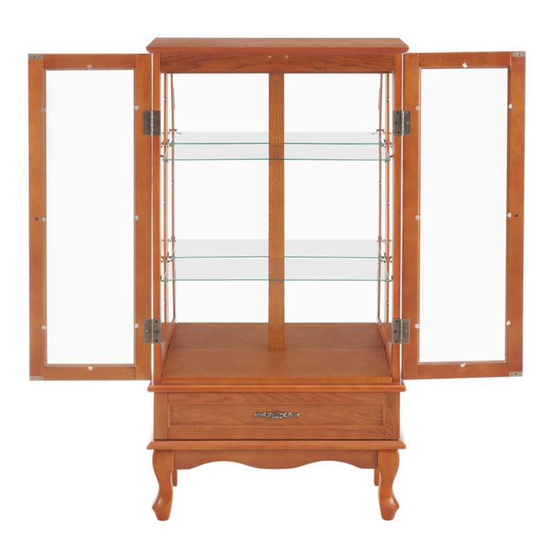 Lighted Glass Display Cabinet with Adjustable Shelves, Two Doors, and One Drawer for Elegant Home Decor and Storage, Oak