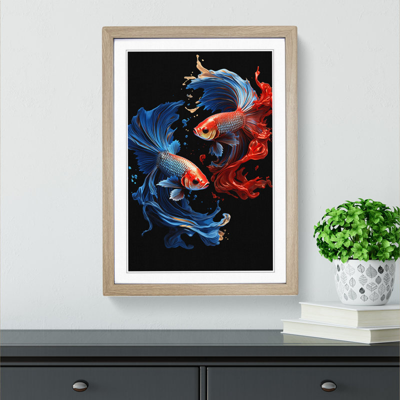Siamese Fighting Fish Gothic No.3 - Single Picture Frame Print on Wood, Oak Framed, 46cm H x 34cm W