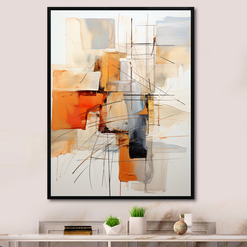 Orange Grey Line Art Abstract Expressionism On Canvas Print, Black Floater Framed, 44" H x 34" W x 1.5" D
