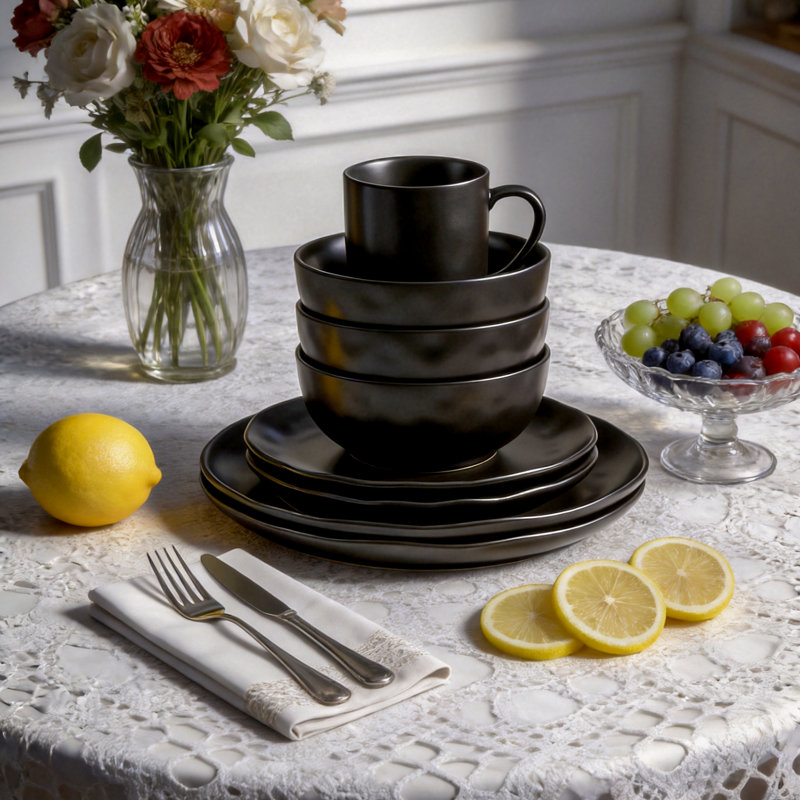 Service de table 16 pièces en grès HomeVSS Organic Sky Star, émail réactif, pour 4 personnes, Black