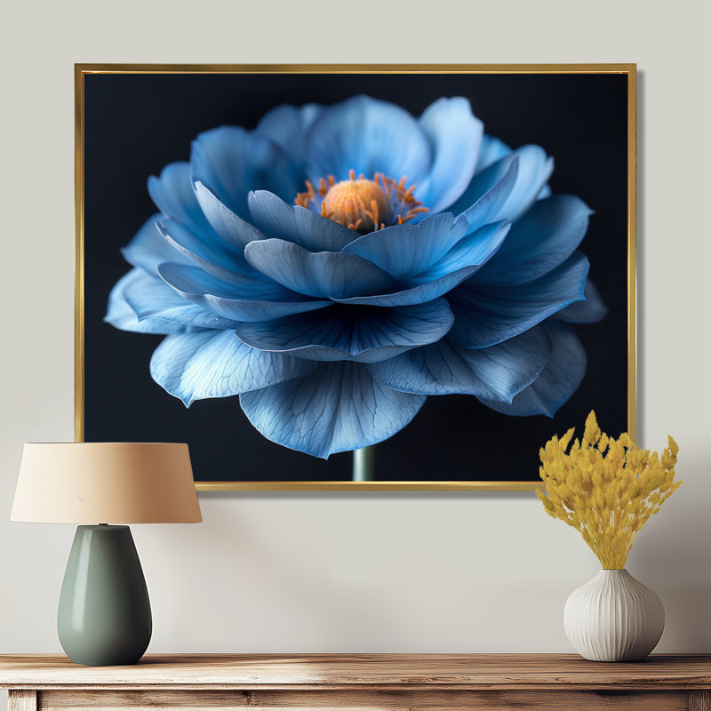 Bleu, orange, souci délicat, photo I - souci, art mural, salon, Cadre doré flottant, bois massif, H 30 po x l 40 po