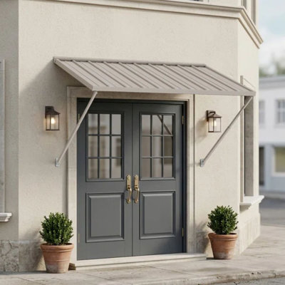 Kozyard Adjustable Door Window Awning – 4-Level Tilt, 42" W × 32" Sloped Panel, Adjustable Projection 22"–31", Aluminum Frame & Metal Canopy, All-Weather Rain, Snow & UV Protection  (Khaki)