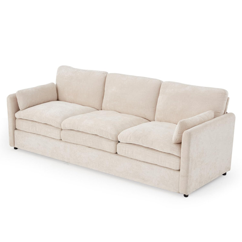 Grand canapé moderne en chenille 3 places avec 2 coussins amovibles, Blanc, crème