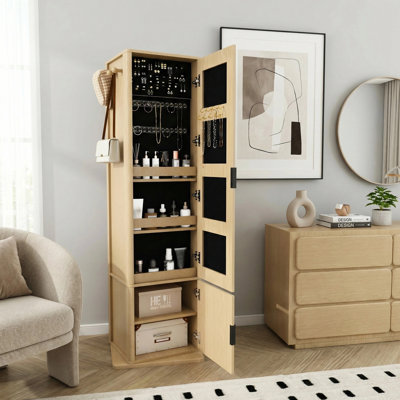 Armoire à bijoux rotative à 360 ° avec miroir pleine longueur, armoire de rangement en miroir autoportante avec portemanteau et tablettes à 6 niveaux, organisateur de chambre à coucher grande capacité