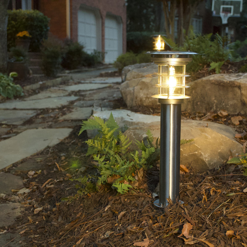 Stainless Steel Silver LED Solar Pathway Bollard Lights, Set of 2