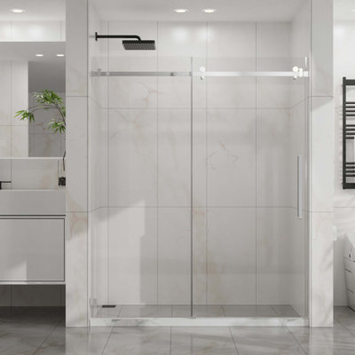 Frameless Shower Door, Silent Sleek Sliding Glass Door, 1/4" (6Mm) Thick Tempered Clear Glass With Easy-Clean Coating, Heavy-Duty 304 Stainless Steel
