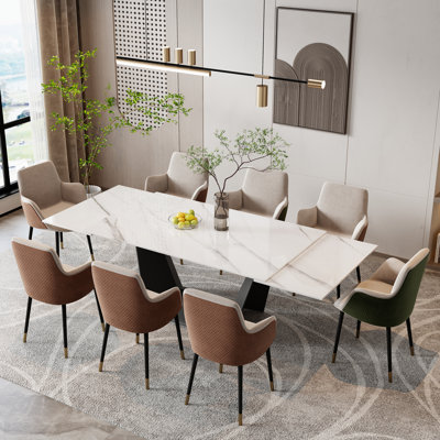 63"-95"Extendable Dining Table For 6-10,White Glossy Sintered Stone Tabletop, Modern Kitchen Table with black Steel Legs