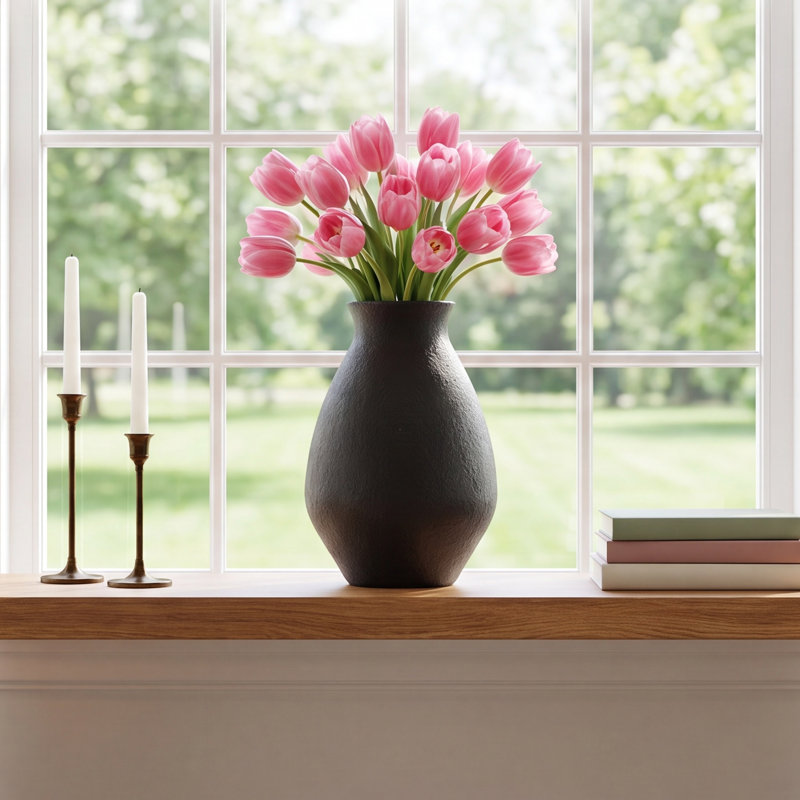 Classic Decorative Terracotta Table Vase for Home Decor - Modern Rounded Flower Vase with Elegant Tapered Neck - Versatile Accent for Displaying Fresh or Faux Floral Arrangements, 16", Black
