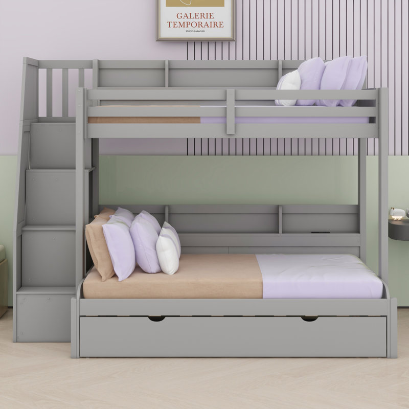 Lit superposé en bois avec escalier de rangement, lit gigogne, tablettes, ports DEL et USB, Gris