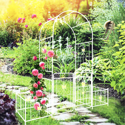 Cream White Metal Garden Gate Arch With Gate, 79.5"X86.6", Outdoor Beauty Enhancer Creamy White, For