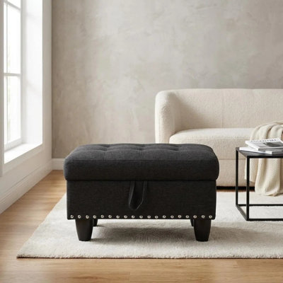 Repose-pieds avec rangement 28,5 pouces en lin noir et gris