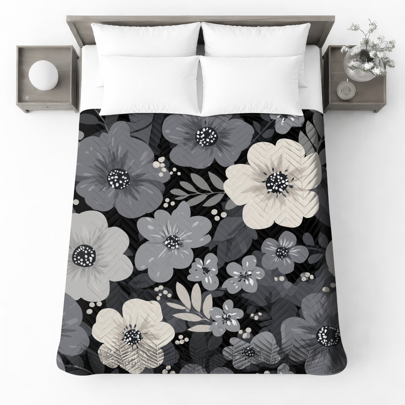 Couvre-lit matelassé à motif floral noir , Double