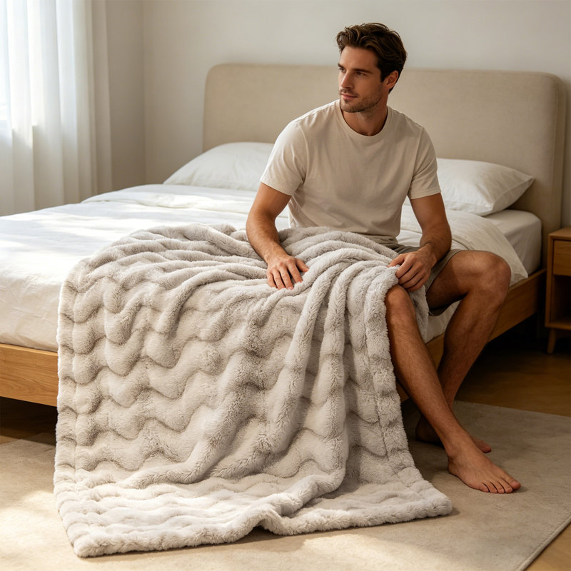 Faux Rabbit Fur & Flannel Weighted Throw Blanket, Ultra Soft & Cozy for Bedroom Living Room Décor , 130cm x 177cm, White