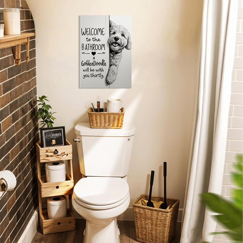 Funny Bathroom Wall Art,Welcome To The Bathroom A Goldendoodle Will Be With You Shortly Signs Pictures Posters,Black Funny Canvas Paintings Prints,Cute Dog Wall Decor 12X16in