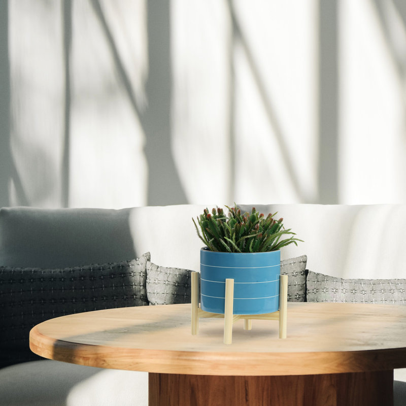 Pot à fleurs en céramique de 8 po avec plateforme en bois - Idéal pour les espaces extérieurs