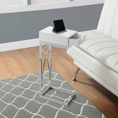 Table d'appoint en forme de C en stratifié blanc brillant avec tiroir de rangement