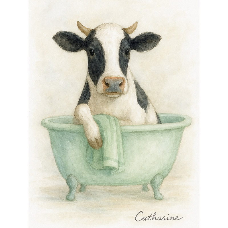 «Tidy Time - Cow with Towel», art mural sur toile tendue, H 24 po x l 16 po