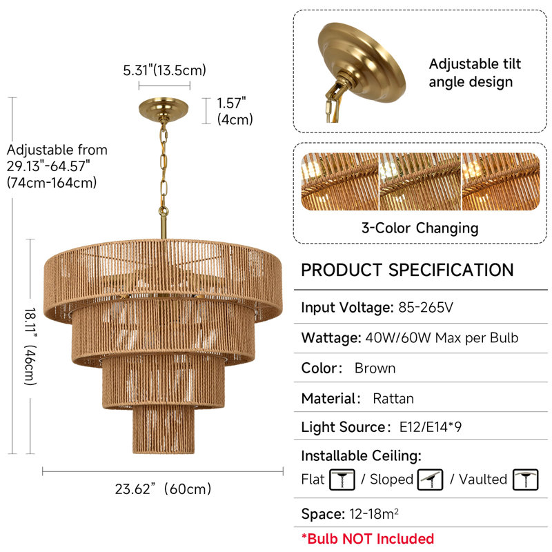 Luminaire de lustre en rotin Boho, 4 Tiers, 9 lumières