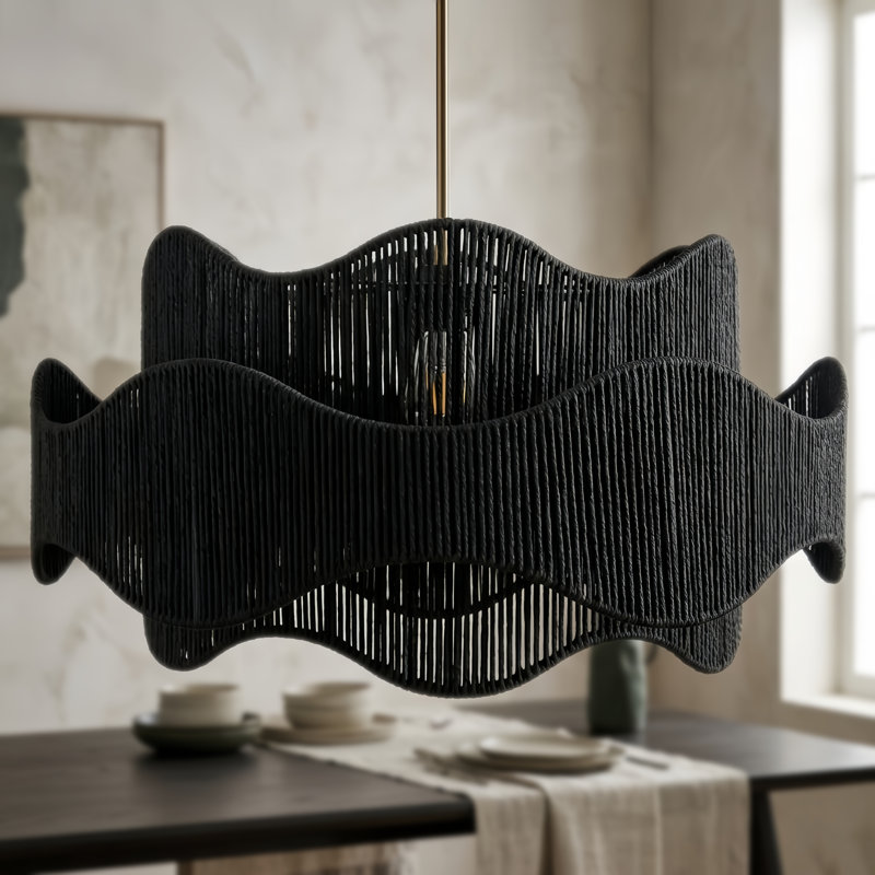 5 - Light 28" Hand-Woven Rattan Boho/Modern Farmhouse Drum Chandelier With Polished Brass Finish For Dining Room Or Bedroom