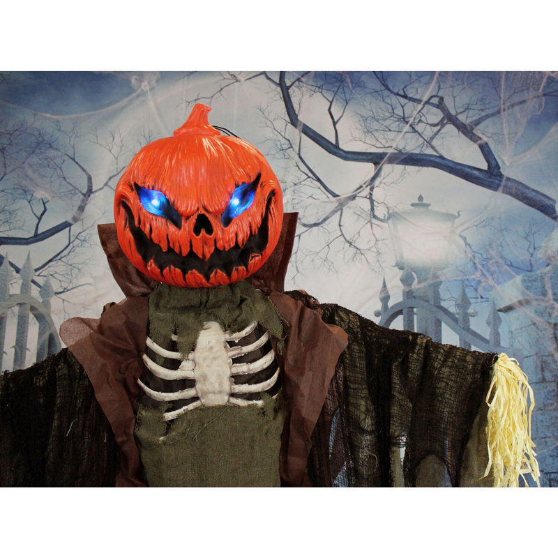 Haunted Hill Farm 80 In. Life-Size Poseable Pumpkin Scarecrow, Halloween Animatronic with Touch Activated Lights and Sound