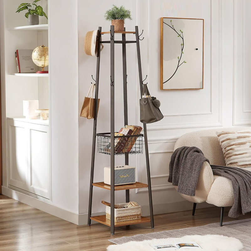 Portemanteaux de style industriel amélioré: 2 tablettes, panier en métal et 8 crochets doubles, Brun antique