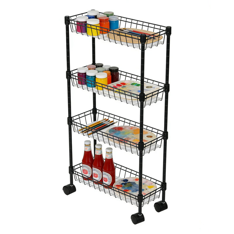 Chariot de rangement mince et roulant avec 4 tablettes réglables, chariot utilitaire mobile avec roulettes pour la salle de bain de la cuisine, rangement étroit pour économiser de l'espace