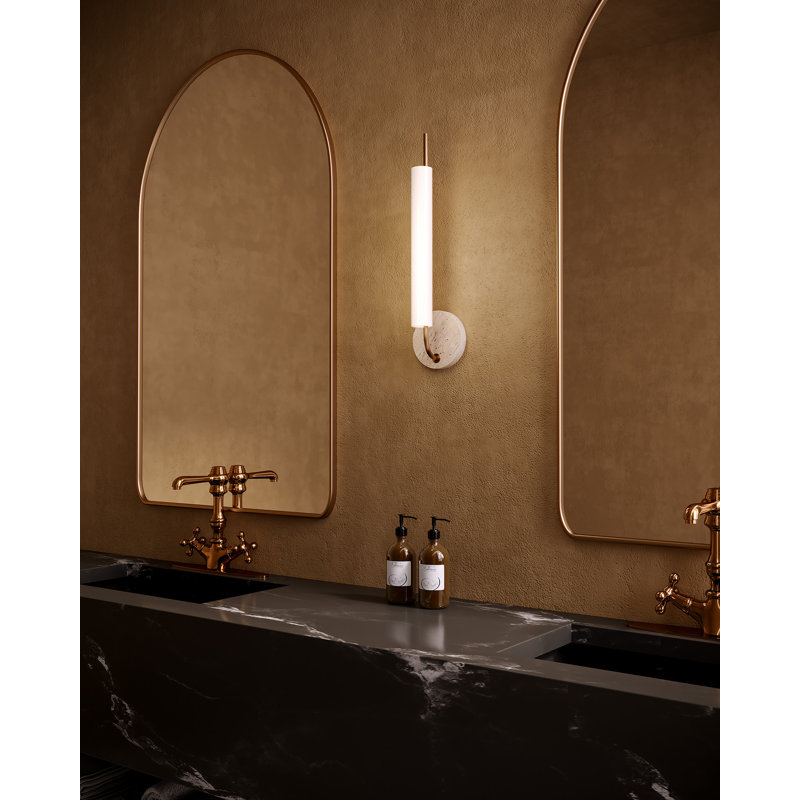 Wick 20-in Black dimmable LED Wall Sconce, Antique Brass / Travertine