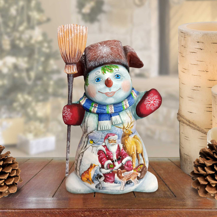 American-Style Snowman Santa Wood Carved Figurine by G. Debrekht | Christmas Santa Snowman Décor - 8208013