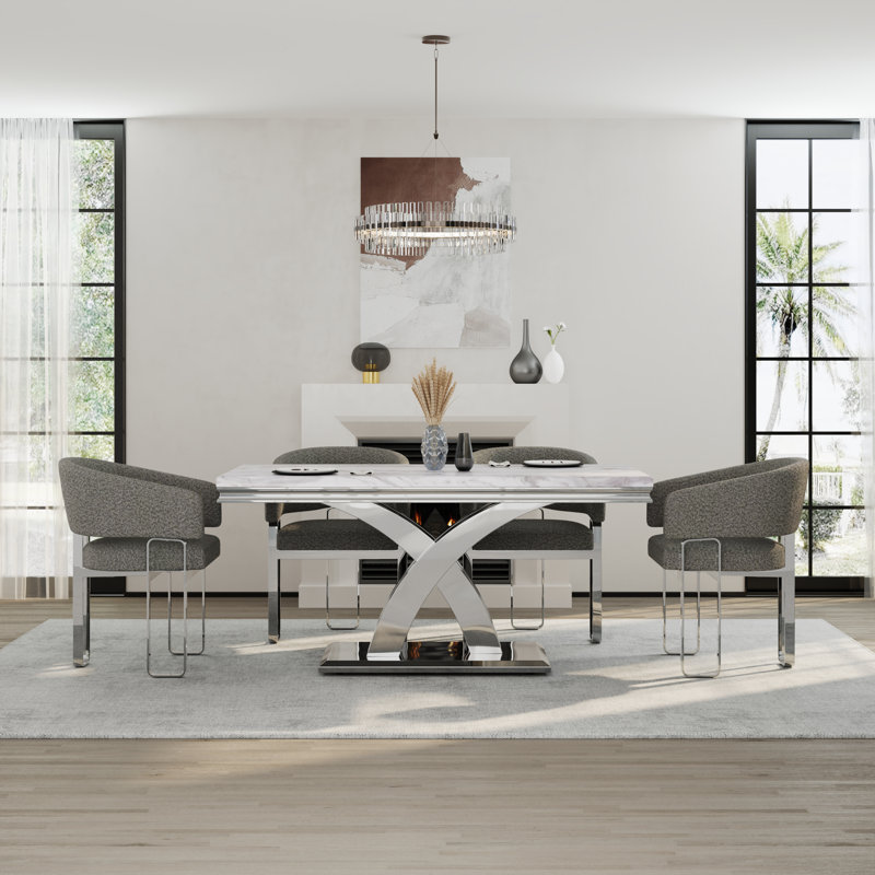 Ensemble de table de salle à manger 5 pièces en faux marbre et argent avec 4 chaises de salle à manger à accoudoirs bouclés gris