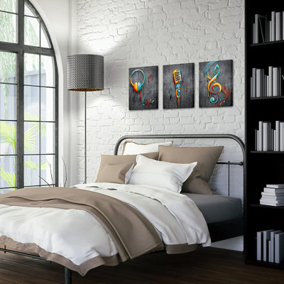 3 Pieces Music Artistic Paintings Wall Art Microphone and Headset Note Picture Canvas Giclee Print Modern Home Studio Bedroom Decor Stretched and Framed Ready to Hang Each Size 12x16inch