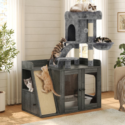 Hidden Litter Box Enclosure with Cat Tree and LED Light, Sisal Scratching Board and Storage Space
