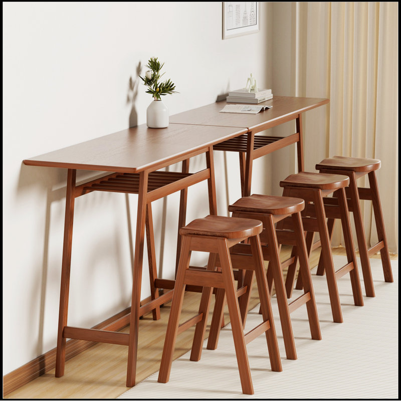 3 PCS Pub Dining Set Retro Bar Table Rubber Wood Stackable Backless High Stool for 2 with Shelf