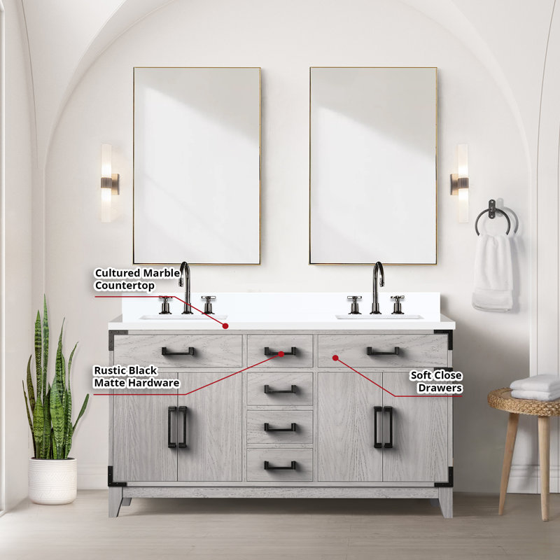 Meuble-lavabo double en chêne gris 60 po X P 22 po D, plateau en marbre de culture et robinet, Gris